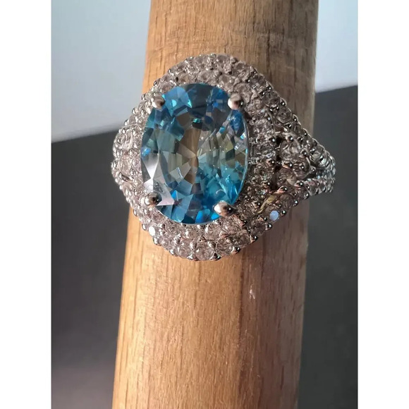 10k white gold blue topaz and white zircon double halo ring size 9 - Picture 9 of 10